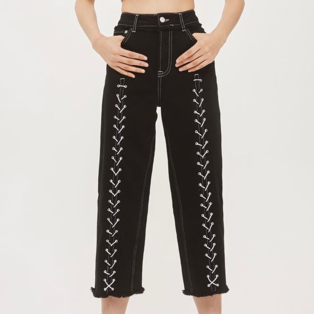 Topshop Black Moto Lace Up Cropped Wide Leg Jeans In Washed Black